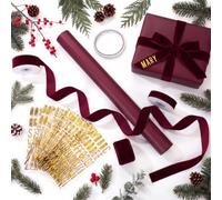 Feifeiya 17" x32.8ft Burgundy Gift Wrapping Paper Roll with Velvet Ribbons | Elegant Wine Red Solid Color Kraft Gift Wrap and 3D Gold Letter Stickers Double Sided Tape for Christmas Wedding Birthday