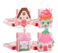 Feifeiya 24 Pcs Christmas Fairy Tale House Gift Bags with Handle Pink Gingerbread House Treat Candy Goodies Gift Bag for Christmas Fairy Party Holiday Birthday Favors Supplies Decor