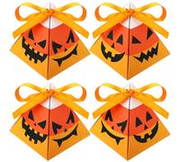 Feifeiya 24 Pcs Halloween Candy Corn Boxes Jack O Pumpkin Treat Gift Boxes with Ribbon Triangle Sweet Gift Container Trick or Treat Sweet Goodie Decorations for Halloween Party Supplies, 3.2 x 3.5Inch