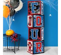 Feifeiya 4 Pcs Spider 4th Birthday Decoration Spider Theme Balloon Boxes One Baby Letter Box Theme One Blocks for Boy Fourth Birthday Party Decoration Backdrop Photoshoot Props