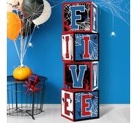 Feifeiya 4 Pcs Spider 5th Birthday Decoration Spider Theme Balloon Boxes "Five" Letter Box Blocks for Boy Five Years Old Birthday Party Decoration Backdrop Photoshoot Props