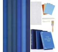 Feifeiya 6 Pcs Book Binding Cloth Kit, 16''x35'' Fabric Surface Paper Backed, 3 Iron on Vinyl Sheets, Repairing Cloth Bone Folder Tool Glue Brush for 100th Day of School DIY Album Cover(Blue Series)