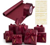 Feifeiya 6 Pcs Burgundy Christmas Gift Wrapping Paper Roll Set | Double Sided Kraft Paper 17.7" x 32.8ft, 25 Yard Satin Ribbon, 4 Pack Gold Alphabet Stickers, DIY Christmas Gift Wrapping