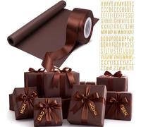 Feifeiya 6 Pcs Coffee Christmas Gift Wrapping Paper Roll Set | Double Sided Kraft Paper 17.7" x 32.8ft, 25 Yard Satin Ribbon, 4 Pack Gold Alphabet Stickers, DIY Christmas Gift Wrapping