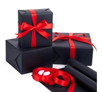 Feifeiya Christmas Gift Wrapping paper roll, Black Kraft Gift Paper, 2 Rolls 17.5'' x 33' Wrapping Paper Roll, with 1 Roll 1'' x 25 yd Red stain Ribbon