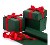 Feifeiya Christmas Gift Wrapping paper roll, Kraft Gift Paper, 2 Rolls 17.5'' x 33' Wrapping Paper Roll, with 1 Roll 1'' x 25 yd stain Ribbon(Green, Red)