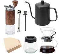 FEIGO 7-Piece Manual Coffee Grinder Set, Pour Over Coffee Maker with Kettle Set, Professional Portable Grinder, Adjustable Grinding Degree, for Home Office (100 Filters)