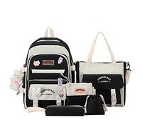 Feigujin 5Pcs Kawaii Cute Backpacks Combo Set with Bear Pendant Pins Patchwork Japanese Aesthetic Anime Bunny Daypack Bag Kit, Black, 12.2 * 5.9 * 17.3 inches, Japanese