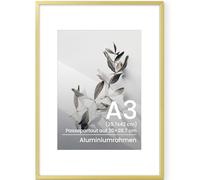 Feihorrm A3 Picture Frame, Aluminium Gold DIN A3 Frame, for 29.7 x 42 cm Photos without Mount or 20 x 28.7 cm Photos with Mount, Metal Photo Frame with Tempered Glass for Poster Wall Art Frame