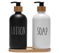 FEILANDUO Glass Soap Dispenser Set, Kitchen & Bathroom Dispenser with Bamboo Pump and Soap Tray, Farmhouse Home Decor (Black + White)