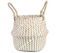FEILANDUO Laundry Basket Wicker Woven Belly Baskets Decor Home Storage for Fruit Hand-woven Seaweed Collapsible with Handle for Organizer Plant Pot Cover(White, Small)