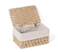 FEILANDUO Mini Wicker Shelf Baskets Bin with Lid, Handwoven Paper Rope Baskets for Organizing, Rectangular Basket for Storage, Desktop Boxes with Lids Home Organizer Decor (Khaki, XS-18 x 12 x 9.5cm)