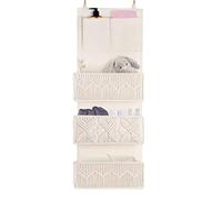 FEILANDUO Over The Door Hanging Organizer Boho Decor Macrame Woven Storage Baskets Hanging Bag with 3 Large Pockets for Kids’ Bedroom Nursery, Baby Kids Toys, Diapers (Ivory, 3 Shelf)