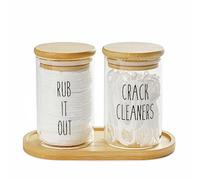FEILANDUO Qtip Holder Dispenser with Bamboo Lids, Glass Apothecary Jar for Cotton Ball, Swab, Pads, Floss, Farmhouse Bathroom Canisters Accessories with Tray Makeup Organizer-10 OZ