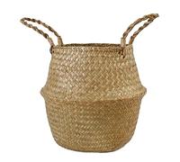 FEILANDUO Seagrass Belly Basket Woven Plant Pot with Handle, Natural Foldable Laundry Toy Storage Baskets for Shelves (Natural, Widest Part 27 x 24cm)