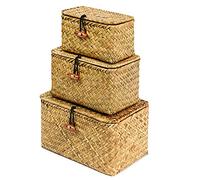 FEILANDUO Shelf Baskets with Lid Set of 3 Handwoven Seagrass Storage Box Wicker Basket Desktop Makeup Organizer Multipurpose Container (Original (S/M/L)