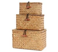FEILANDUO Shelf Baskets with Lids Set of 3 Handwoven Small Boxes Seagrass Storage Mini Basket Desktop Makeup Organizer Multipurpose Container (Natural, S/M/L)