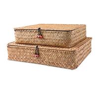 FEILANDUO Shelf Baskets with Lids Wicker Storage Baskets for Shelves Organizing Natural Seagrass Rattan Woven Organizer Boxes Boho Home Decor Set of 2 (Natural)