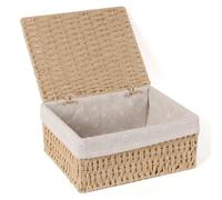 FEILANDUO Wicker Shelf Baskets Bin with Lid, Handwoven Paper Rope Baskets for Organizing, Rectangular Basket for Storage, Desktop Boxes with Lids Home Organizer Decor (Khaki, L-30 x 24 x 13.5cm)