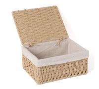 FEILANDUO Wicker Shelf Baskets Bin with Lid, Handwoven Paper Rope Baskets for Organizing, Rectangular Basket for Storage, Desktop Boxes with Lids Home Organizer Decor (Khaki, M-26 x 20 x13cm)
