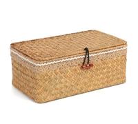 FEILANDUO Wicker Shelf Baskets with Lid - Boho Lace Decorative Storage Boxes, Handwoven Baskets Rectangular Seagrass Bins for Home Organization (Natural, 10.23" x 6.3" x 3.9")