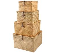 FEILANDUO Wicker Storage Baskets with Lids Seagrass Woven Baskets for Shelves Stackable Storage Boxes for Organizing Rattan Bins (Natural, Set of 4(L/M/S/XS))