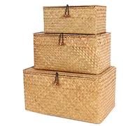 FEILANDUO Wicker Storage Baskets with Lids Seagrass Woven Baskets for Shelves Stackable Storage Boxes for Organizing Rattan Bins (Natural, Large Set of 3(L/M/S))