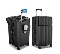 feilario Aluminum Frame Hardside Spinner Wheels Luggage, Zipperless Checked Super Large Captain Suitcase with Cup Holder/Phone Holder, Pro-Black, 76.20 cm, Normal