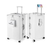 feilario Super Large Captain Aluminum Frame Hardside Spinner Wheels Luggage, Zipperless Checked Suitcase with Cup Holder/Phone Holder, A-White, 29in, Business