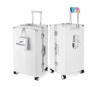 feilario Super Large Captain Aluminum Frame Hardside Spinner Wheels Luggage, Zipperless Checked Suitcase with Cup Holder/Phone Holder, A-White, 76.20 cm, Normal