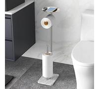 FEILERN Toilet Paper Holder Stand for Bathroom Floor Standing Toilet Roll Dispenser Storages 4 Reserve Rolls, with Top Storage Shelf for Cell Phones, Wipe, Wallet and More(Marble Brush Nickel)