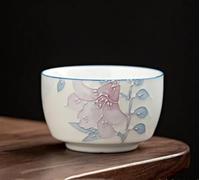 FEILIV Tea Cup Sets Chinese Pu'er Master Cup Hand-Painted Ceramic Teacup Three-Dimensional Relief Flowers Tea Bowl Home Porcelain Set Afternoon Tea Set(B - 6.8x4cm 70ml)
