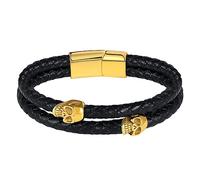 Feilok Braided Leather Bracelet for Men Skull Leather Bracelet with Magnetic Clasp Gold