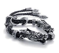 Feilok Dragon Head Phoenix Tail Stainless Steel Adjustable Bracelet/Bangle Black Genuine Leather Cord