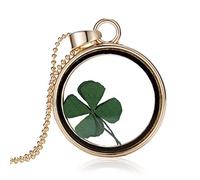 Feilok Simple Transparent Dried Four Leaves Clover Crystal Gold Color Round Chain Long Pendant Necklace for Women…