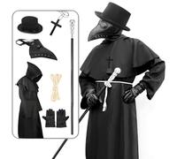 FEILOREVA Plague Doctor Costume Set for Halloween - Includes Long Nose Beak Mask, Hooded Cloak, Hat, Cross Necklace, Gloves & Cane - Cosplay Plague Doctor Outfit for Adults Mens Womans