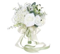 FEILUOYI White Wedding Bouquet, Artificial, 11 inches High x 8 inches Diameter, Round, Traditional Style, 1 Count, Includes Vase, Home Decor