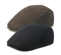 FEINION 2 Pack Men Wool Blend Gatsby Golf Flat Cap Tweed Newsboy Ivy Hat (Black/Herringbone Coffee)