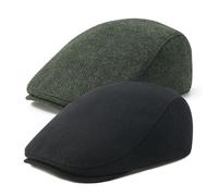 FEINION 2 Pack Men Wool Blend Gatsby Golf Flat Cap Tweed Newsboy Ivy Hat (Black/Herringbone Green)