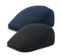 FEINION 2 Pack Men Wool Blend Gatsby Golf Flat Cap Tweed Newsboy Ivy Hat (Black/Herringbone Navy)