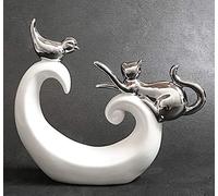 FeinKnick Stylish decoration with playing cat and bird - white & silver cat decoration made of ceramic - modern cat figure 21cm high - deco figure with kitten - statue ideal as a gift