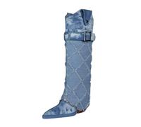 Feinlina Botas femininas modernas, versáteis, jeans e bico fino, salto grosso, acima do joelho, Azul, 6, blue, 6 UK