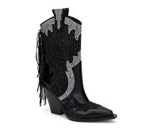 Feinlina Women's Pointed Toe Block Heel Mid Length Wide Calf Rhinestone Embellished Western Cowboy Boots with Tassel, black, 7 UK