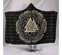 Feinny Norse Mythology Symbol Hooded Blanket, 3D Viking Runes Print Super Soft Wearable Cozy Plush Sherpa Flannel Travel Cape Wrap Mother's Day All Season Gift,Valknut,ADULT 79"X59"