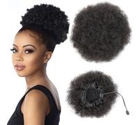FEIPRO Afro Puff Drawstring Ponytail Human Hair Extensions Short Kinky Curly Hair Puff Bun 6 Inch Afro Bun Ponytail Extension Hairpieces with Two Clips for Black Women 6 Inch Natural Black