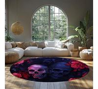 FEIPUHOME Art 120x120cm Rug Gothic Dark Style Round Rugs Red Roses Floral Skull Carpet for Living Room Bedroom Bathroom Entrance Non-slip Soft Floor Mat Low Pile