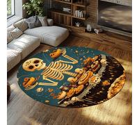 FEIPUHOME Art 120x120cm Rug Gothic Skeleton Feast Washable Round Rugs for Living Room Autumn Halloween Theme Soft Carpet Bedroom Decor Non Slip Low Pile Lightweight