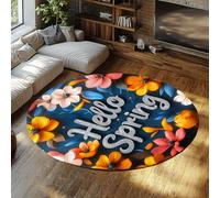 FEIPUHOME Art 160x160cm Rug Hello Spring Floral Round Rugs for Living Room Apartment Modern Nature Vibrant Flowers Carpet Low Pile for Under Table Low Pile Non-slip