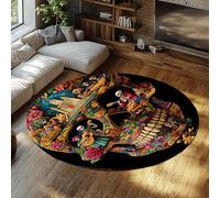 FEIPUHOME Art 160x160cm Rug Mexican Style Indoor Rugs Day of the Dead Colorful Skull Round Carpet with Anti-Slip Backing Washable for Living Room Bedroom Study Room