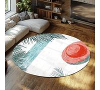 FEIPUHOME Art 160x160cm Rug Nordic Minimalism Round Rugs Beach Palm Trees Leaves Straw Hats Low Pile Non-slip Carpet for Living Room Conference Room Decor Washable